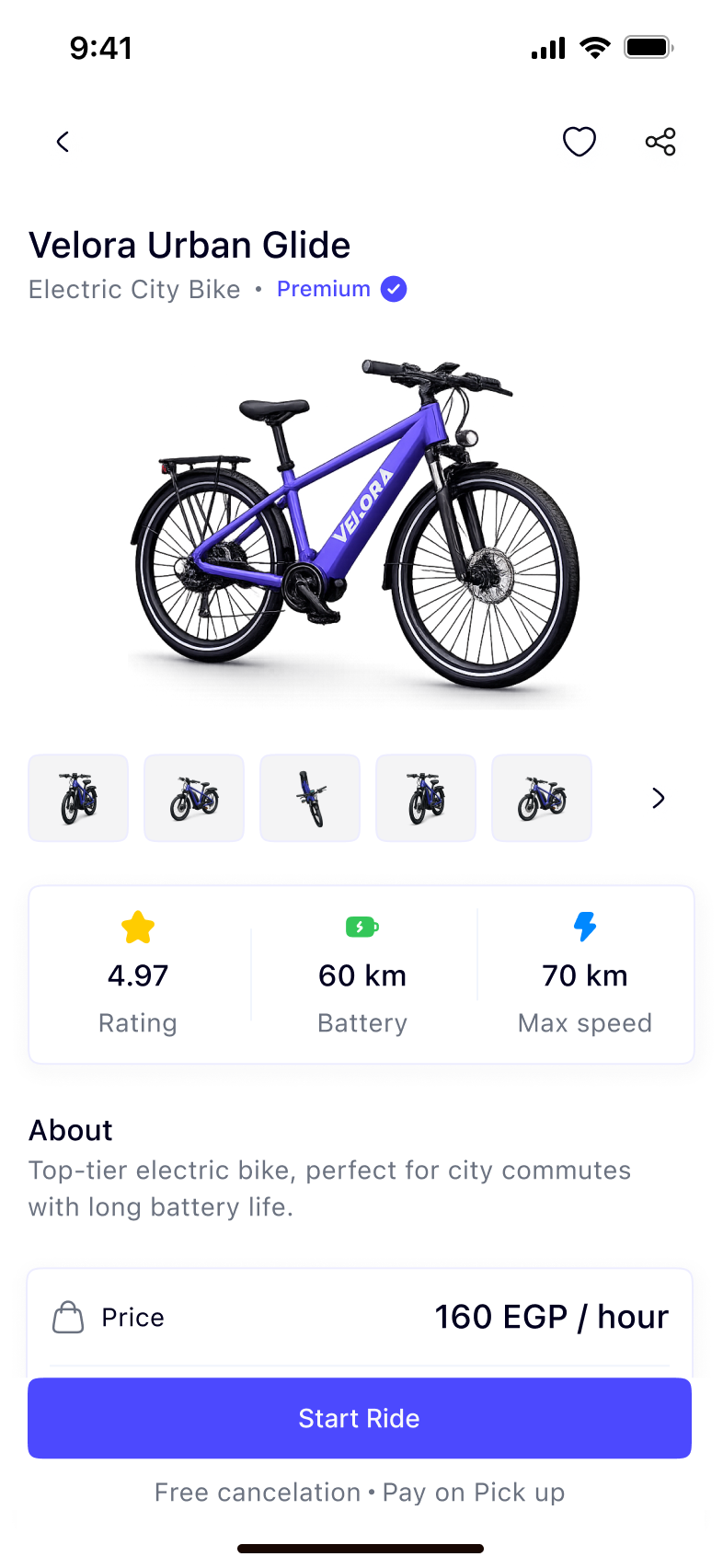 The scanned bike confirmed, with price per hour and a Start Ride button